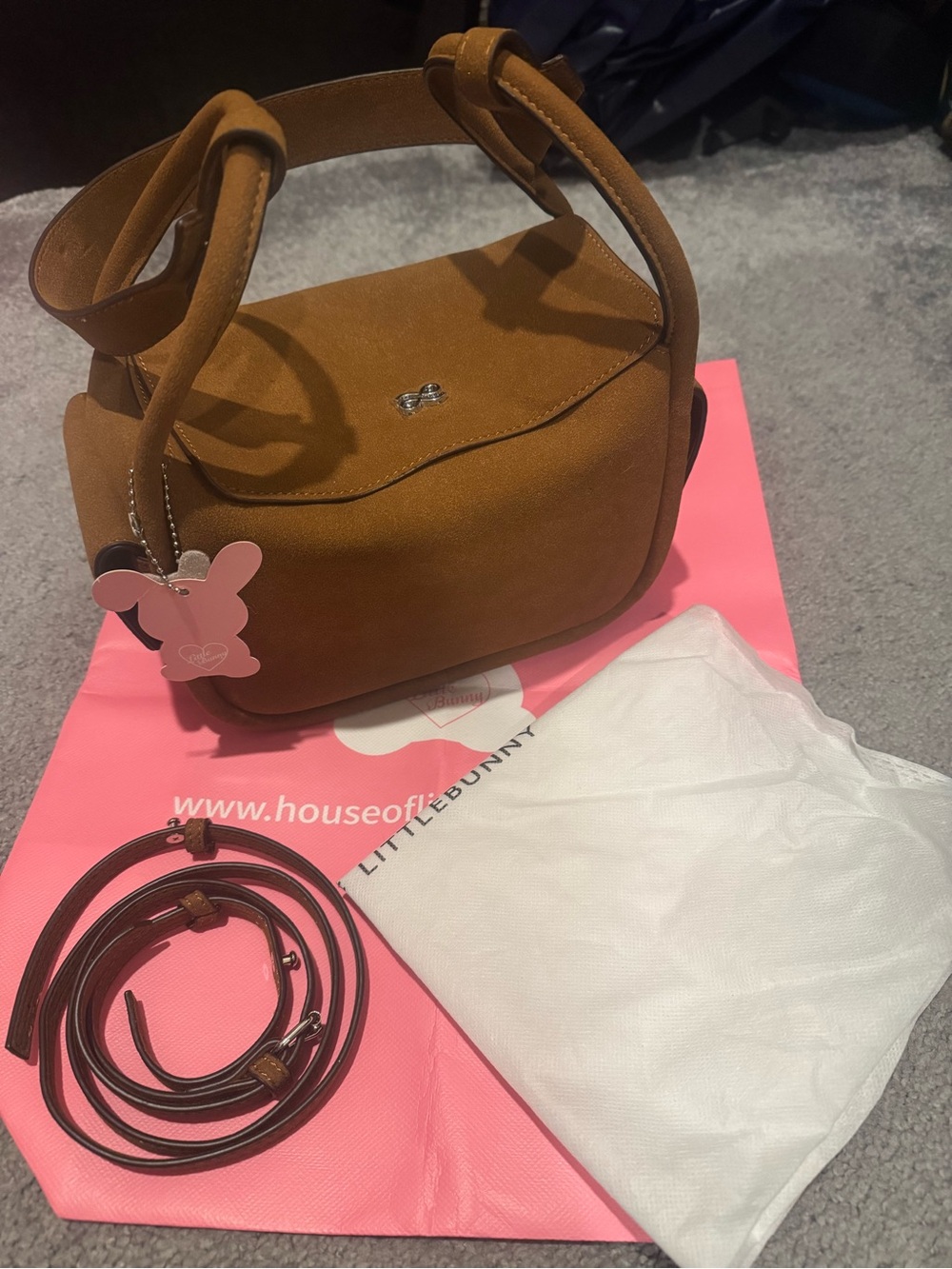House of Little Bunny Suede Shoulder Bag in Chestnut Brown